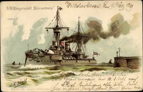 Künstler Litho Siehl, Deutsches Kriegsschiff, SMS Kurfürst Friedrich Wilhelm, Panzerschiff
