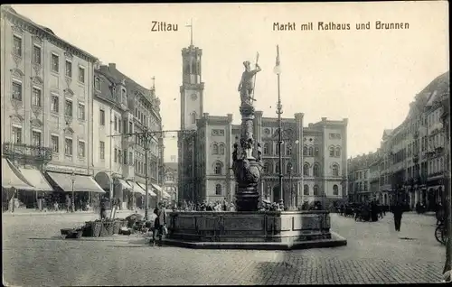 Ak Zittau in der Oberlausitz, Markt m. Rathaus u. Brunnen