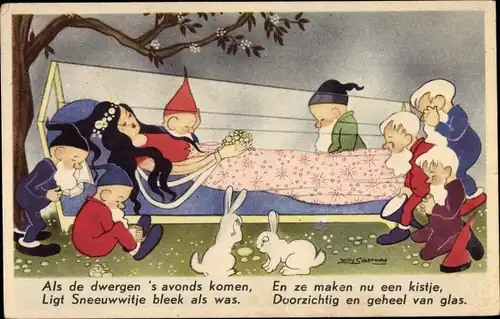 Künstler Ak Schneewittchen und die sieben Zwerge, Glassarg, Hasen