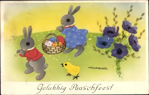 Künstler Ak Glückwunsch Ostern, Osterhasen, Ostereier, Küken, Blumen