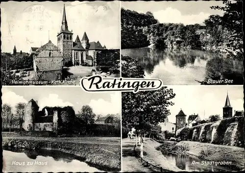 Ak Ratingen Nordrhein Westfalen, Heimatmuseum, Kath. Kirche, Blauer See, Stadtgraben