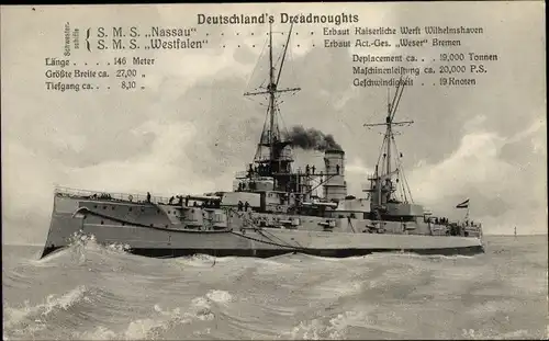 Ak Deutsches Kriegsschiff, Dreadnoughts SMS Nassau, SMS Westfalen
