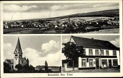 Ak Reinsfeld in Rheinland Pfalz, Gasthaus zum Bahnhof, Kirche, Totalansicht
