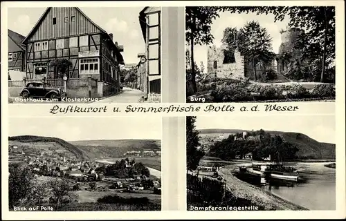 Ak Polle an der Weser in Niedersachsen, Gasthaus zum Klosterkrug, Burg, Dampferanlegestelle