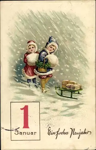 Präge Litho Glückwunsch Neujahr, Kinder, Schlitten, Kalenderblatt 1 Januar, Kleeblätter