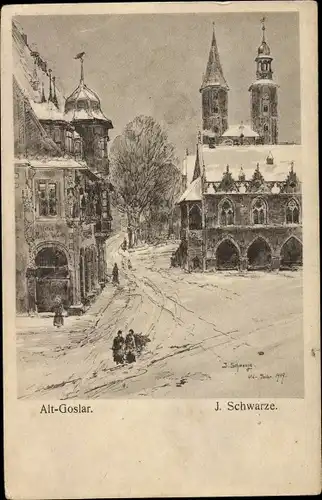 Künstler Ak Schwarze, J., Goslar in Niedersachsen, Hotel Kaiser Worth, Marktplatz, Winter