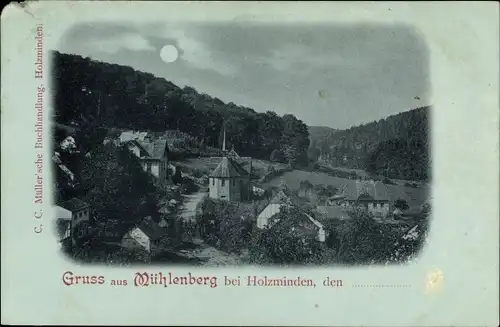 Mondschein Ak Mühlenberg Holzminden in Niedersachsen, Kirche, Wohnhäuser