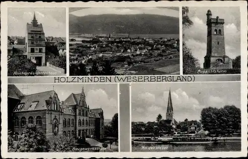 Ak Holzminden in Niedersachsen, Reichspräsidentenhaus, Aussichtsturm, Baugewerkschule, Weserdampfer