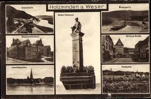 Ak Holzminden in Niedersachsen, Kiekenstein, Raabe Denkmal, Baugewerbsschule, Weserpartie, Stadtpark