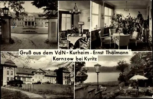 Ak Karnzow Kyritz in der Prignitz, VdN Kurheim Ernst Thälmann, Eingang, Innenansicht, Seeterrasse