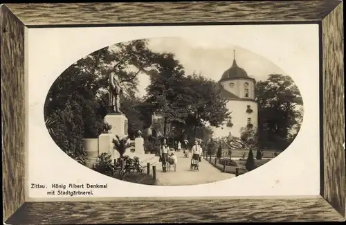 Präge Passepartout Ak Zittau in der Oberlausitz, König Albert Denkmal, Stadtgärtnerei