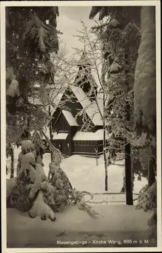 Ak Karpacz Krummhübel Riesengebirge Schlesien, Kirche Wang, Durchblick, Winter