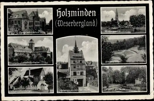 Ak Holzminden in Niedersachsen, Baugewerkschule, Landschulheim, Jugendherberge, Weserpartie