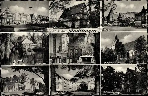 Ak Stadthagen in Niedersachsen, Amtspforte, Markt, Krankenhaus, Schloss, Stadtcafé, Kirche