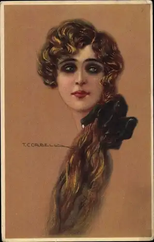 Künstler Ak Corbella, T., Frauenportrait, lange Haare, Haarschleife