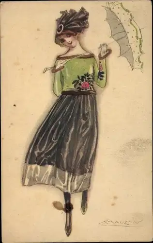 Künstler Ak Mauzan, Frau mit Sonnenschirm, Hut, Kleid