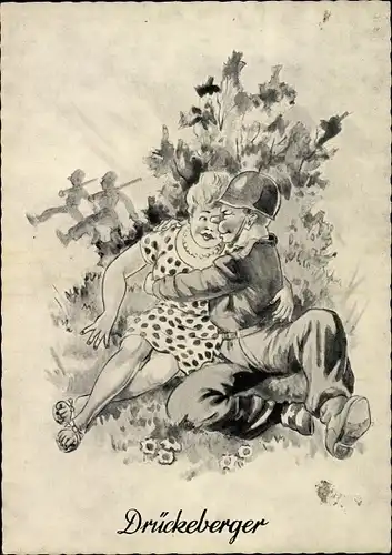 Künstler Ak Drückeberger, Soldat mit Frau hinter einem Busch