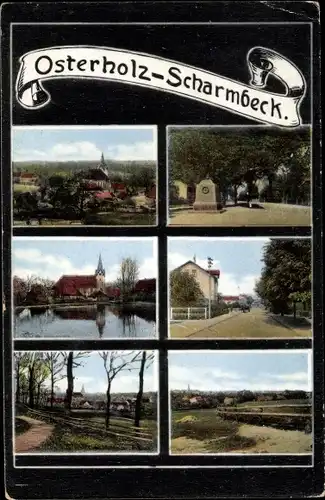 Ak Osterholz Scharmbeck in Niedersachsen, Kirche, Kriegerdenkmal, Kirche, Straßenpartie, Panorama