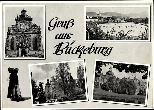 Ak Bückeburg Kreis Schaumburg Niedersachsen, Schloss, Freibad, Kirche, Frau in Bückeburger Tracht