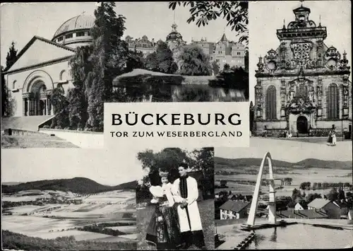 Ak Bückeburg Kreis Schaumburg Niedersachsen, Paar in Bückeburger Tracht, Freibad, Sprungturm, Kirche