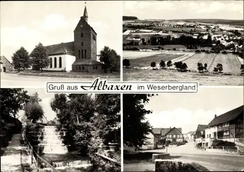Ak Albaxen Höxter Nordrhein Westfalen, Kirche, Wasserfall, Straßenpartie, Panorama vom Ort