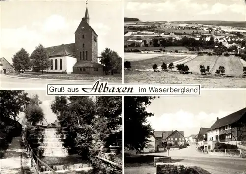 Ak Albaxen Höxter Nordrhein Westfalen, Kirche, Gesamtansicht, Wasserfall, Straßenpartie