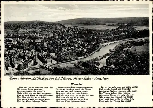 Ak Hann. Münden in Niedersachsen, Panorama vom Ort m. Werra Fulda Weserstrom, Weserlied