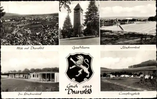 Wappen Ak Dransfeld in Niedersachsen, Gaußturm, Totale, Schwimmbad, Campingplatz