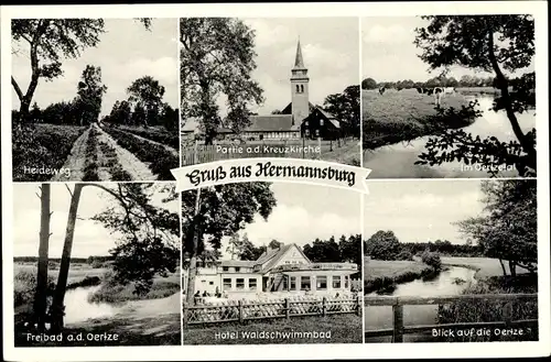 Ak Hermannsburg Südheide Niedersachsen, Kreuzkirche, Hotel Waldschwimmbad, Oertze