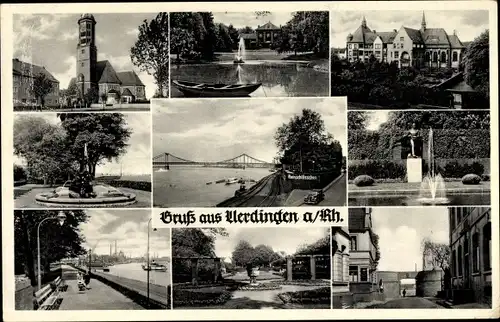 Ak Uerdingen Krefeld am Niederrhein, Kirche, Teich, Rheinschlösschen, Brücke, Sprinbrunnen, Park