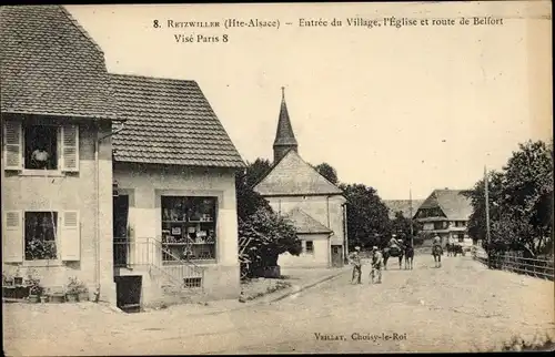 Ak Retzwiller Retsweiler Elsass Haut Rhin, Entrée du Village, Église, Route de Belfort