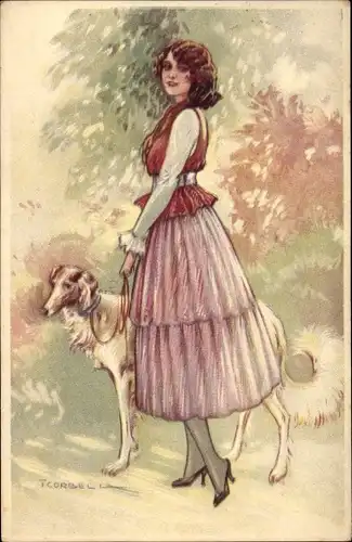 Künstler Ak Corbella, T., Frau mit Windhund an der Leine