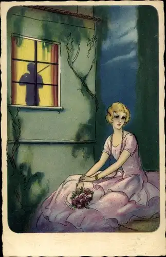 Künstler Ak Frau in rosa Kleid vor einem Fenster, Geigenspieler