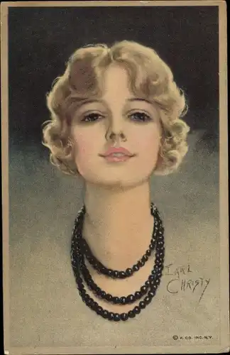 Künstler Ak Christy, F. Earl, Portrait einer blonden Frau mit Perlenkette