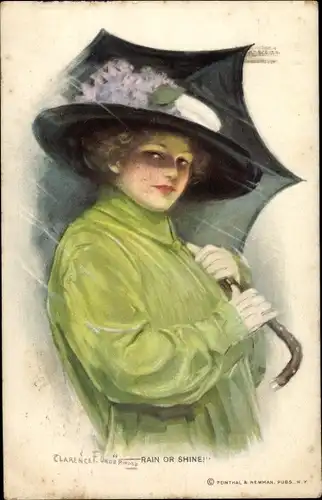 Künstler Ak Underwood, Clarence, Rain or Shine, Frau mit Hut und Regenschirm