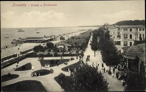 Ak Ostseebad Zinnowitz auf Usedom, Strandpromenade, Herrenbad, Vogelschau, Hotel Fortuna