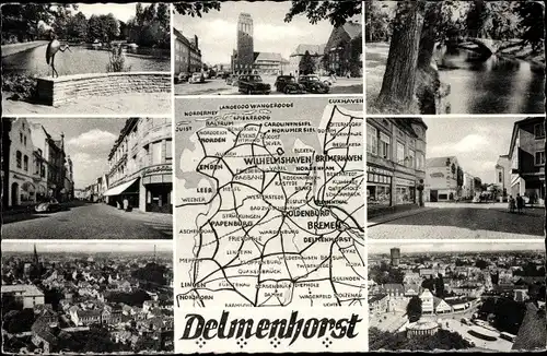 Ak Delmenhorst in Niedersachsen, Stadtübersicht, Strassenansicht, Karte