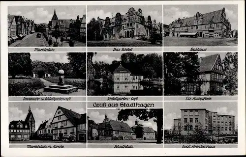 Ak Stadthagen Niedersachsen, Marktplatz, Schloss, Rathaus, Amtspforte, Schulplatz, Ev. Krankenhaus