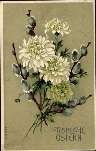 Litho Glückwunsch Ostern, Weidenkätzchenzweige, weiße Blüten