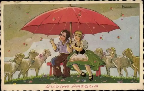 Ak Glückwunsch Ostern, Zwei Kinder unter einem Regenschirm, Lämmer