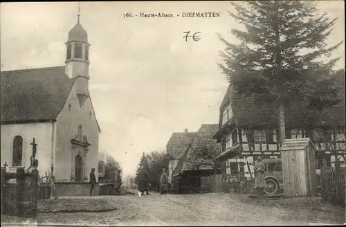 Ak Diefmatten Elsass Haut Rhin, Église, Straßenpartie, Soldaten