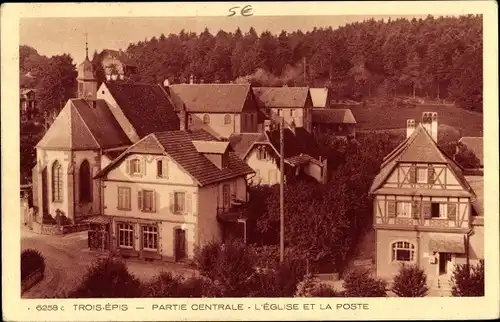 Ak Trois Épis Drei Ähren Elsass Haut Rhin, Partie Centrale, L'Église et la Poste