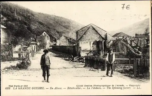 Ak Bitschwiller lès Thann Bitschweiler Elsass Haut Rhin, La Filature, Kriegszerstörungen, I. WK
