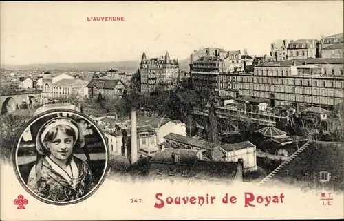 Ak Royat Puy de Dôme, Vue générale, Frau in Volkstracht