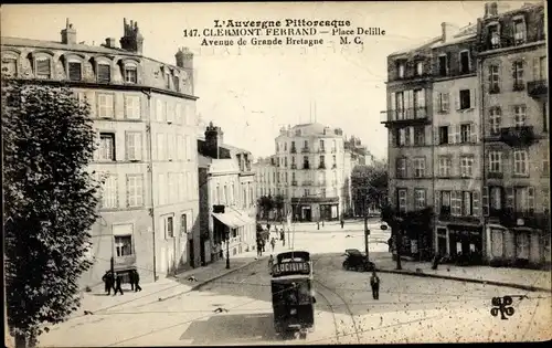 Ak Clermont Ferrand Puy de Dôme, Place Delille, Avenue de Grande Bretagne, Straßenbahn