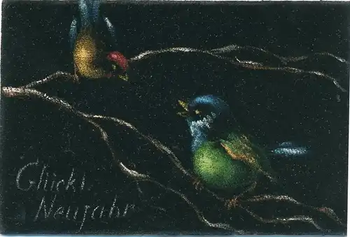 Stoff Ak Glückwunsch Neujahr, Zwei Vögel auf einem Zweig