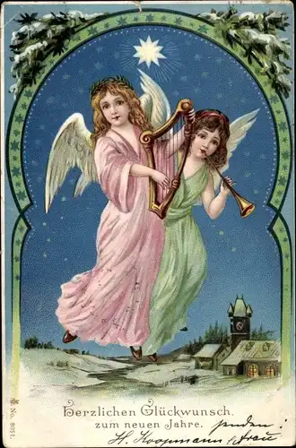 Ak Glückwunsch Neujahr, Zwei Engel, Harfe, Trompete