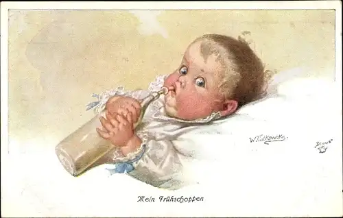 Künstler Ak Fialkowska, Wally, Mein Frühschoppen, Baby, Milchflasche, Primus 1145