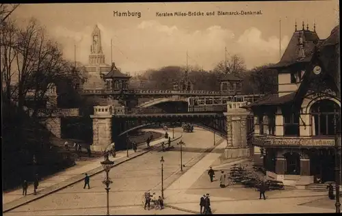 Ak Hamburg Mitte St. Pauli, Kersten Miles Brücke u. Bismarckdenkmal