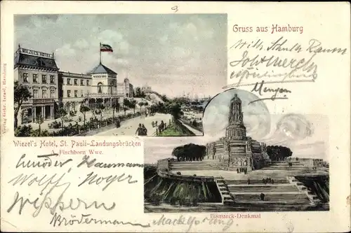 Ak Hamburg Mitte St. Pauli, Bismarck Denkmal, Wiezel's Hotel